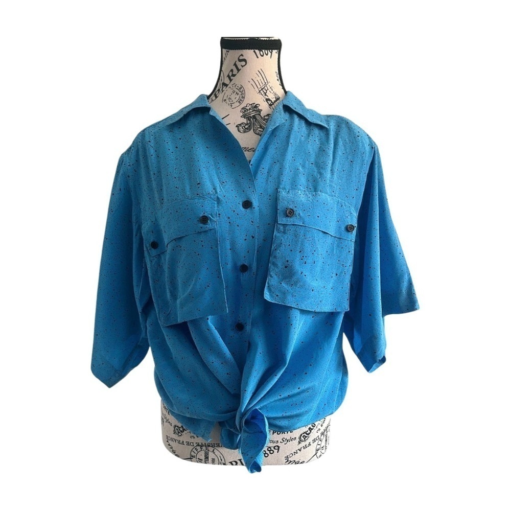 Vintage 80s Bill Haire Blue Silk Short Sleeves Blouse Size Medium Pop Wave